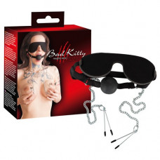 Bad Kitty Mask with Ball Gag and Nipple Clamps